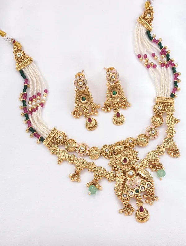 Women_Gold_Toned_Multi_Strand_Pearl_Beaded_Necklace_&_Earrings_Set