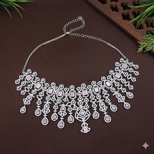 Zircon_Pink_Silver_Brass_Choker_Necklace