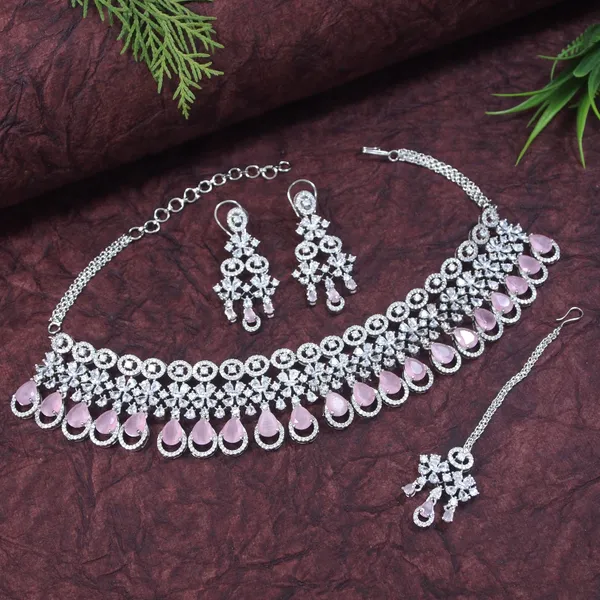 Zircon_Pink_Silver_Brass_Choker_Necklace