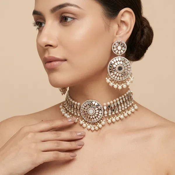 White_Gold_Pakistani_Work_Chokerset_With_Earrings_And_Maangtikka