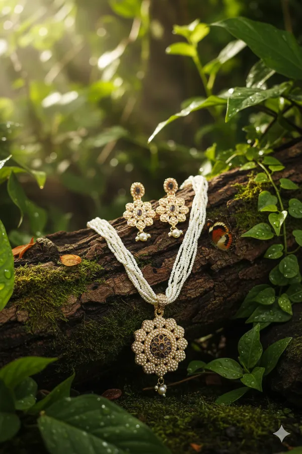 White_Alloy_Flower_Pearl_Mala_Set_For_Women