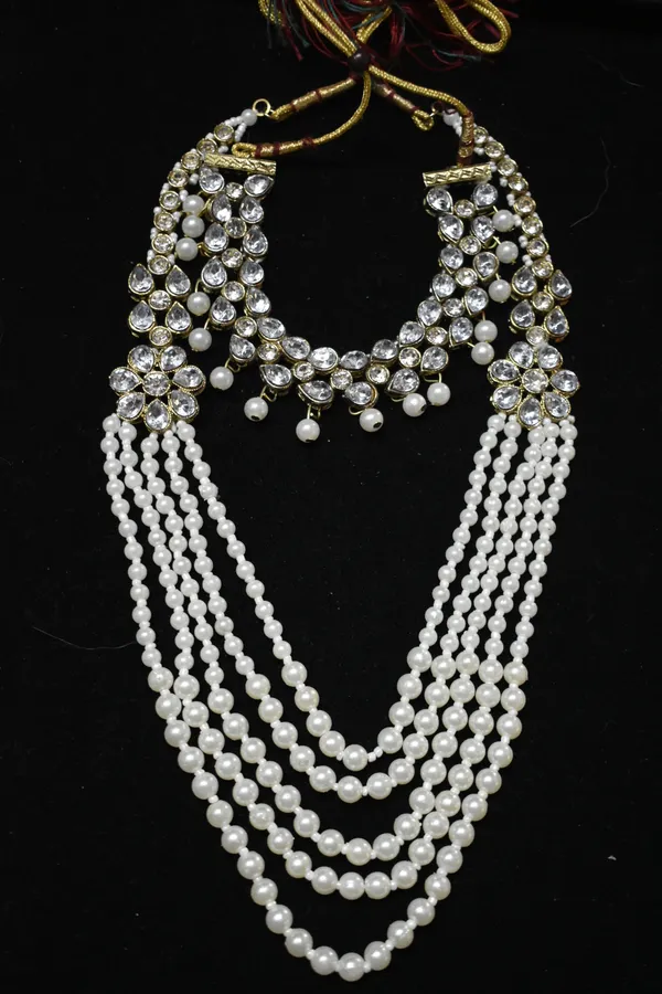 White_Alloy_5_Layered_Beaded_Kundan_Necklace_Set_For_Women