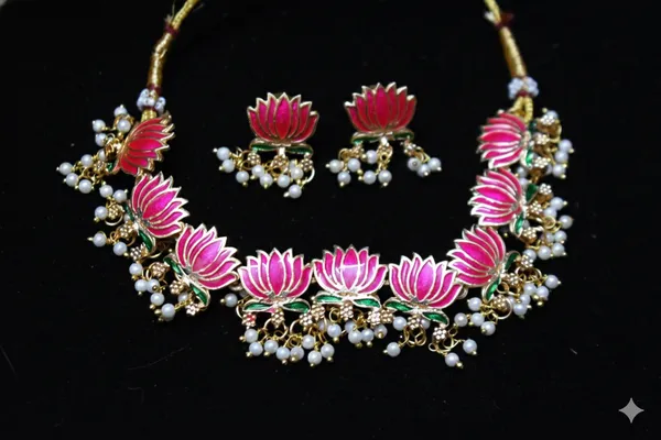 Pink_Green_Alloy_Lotus_Beaded_Choker_Set_For_Women