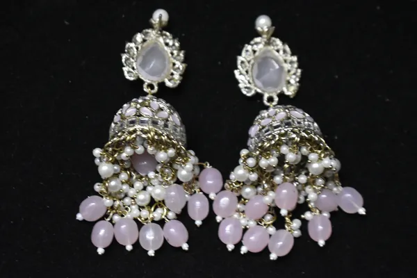 Pink_Alloy_Kundan_Jhumkas_With_Beaded_Chain_For_Women