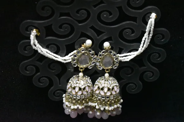 Pink_Alloy_Kundan_Jhumkas_With_Beaded_Chain_For_Women