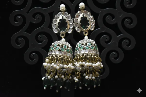 Green_Alloy_Kundan_Jhumkas_With_Beaded_Chain_For_Women