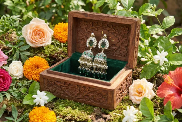Green_Alloy_Kundan_Jhumkas_With_Beaded_Chain_For_Women