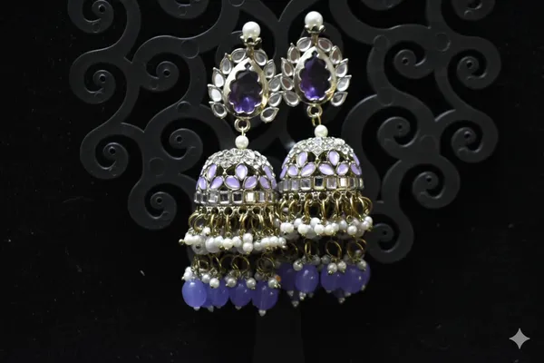 Lavender_Alloy_Kundan_Jhumkas_With_Beaded_Chain_For_Women