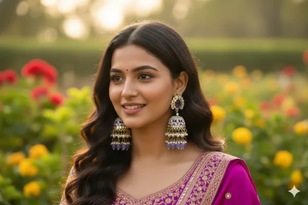Lavender_Alloy_Kundan_Jhumkas_With_Beaded_Chain_For_Women
