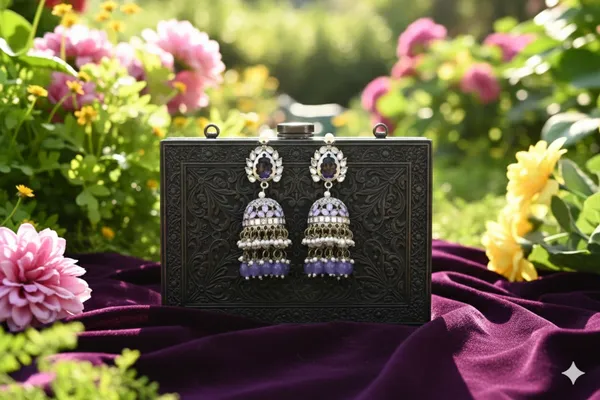 Lavender_Alloy_Kundan_Jhumkas_With_Beaded_Chain_For_Women