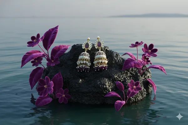 Purple_Alloy_Kundan_Jhumkas_With_Beaded_Chain_For_Women