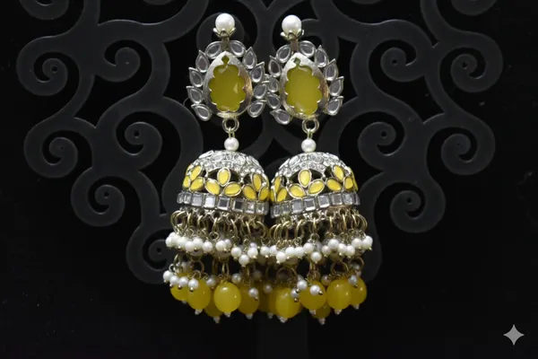 Yellow_Alloy_Kundan_Jhumkas_With_Beaded_Chain_For_Women