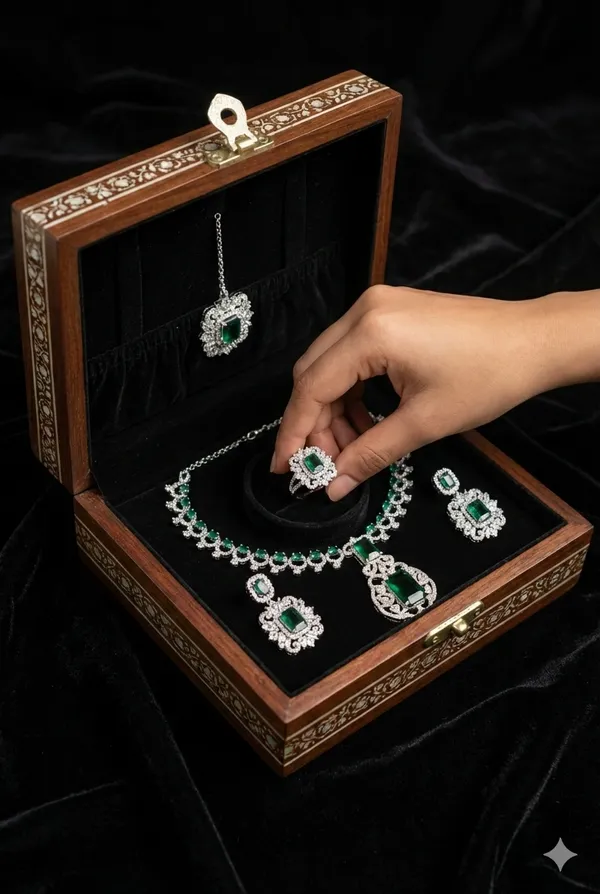 Green_Silver_Alloy_Necklace_Set_With_Mangtika_And_Finger_Ring_For_Women