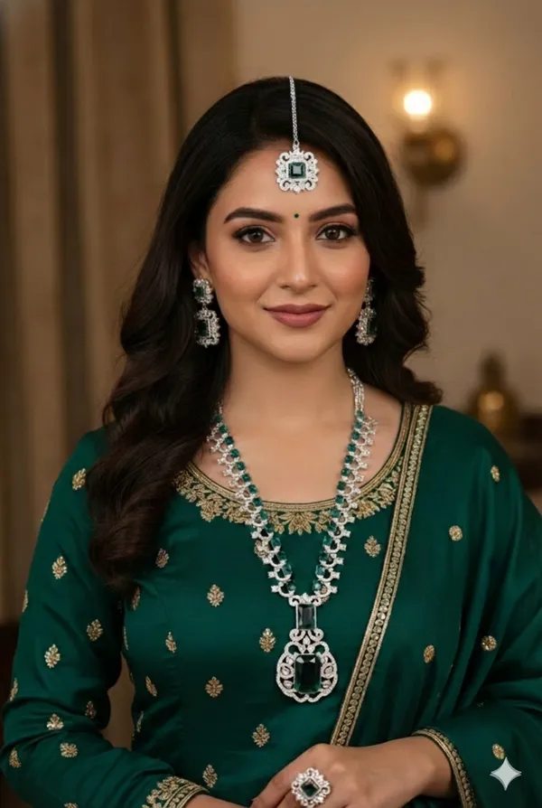 Green_Silver_Alloy_Necklace_Set_With_Mangtika_And_Finger_Ring_For_Women
