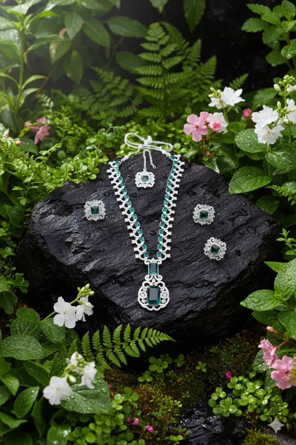 Green_Silver_Alloy_Necklace_Set_With_Mangtika_And_Finger_Ring_For_Women