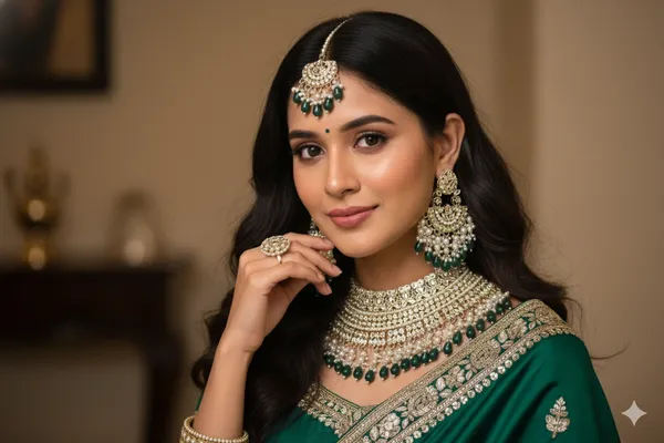 Green_Alloy_Kundan_Beaded_Bridal_Choker_Set_With_Mangtika_And_Finger_Ring_For_Women