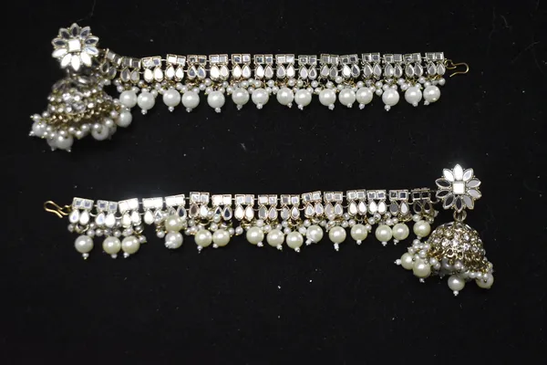 Multicolor_Alloy_Mirror_Pearl_Drop_Leaf_Jhumkas_With_Hair_Chain_For_Women