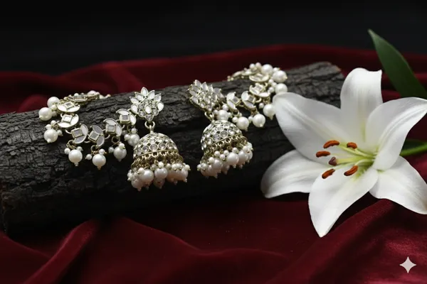 Silver_White_Alloy_Mirror_Pearl_Crown_Jhumkas_With_Hair_Chain_For_Women