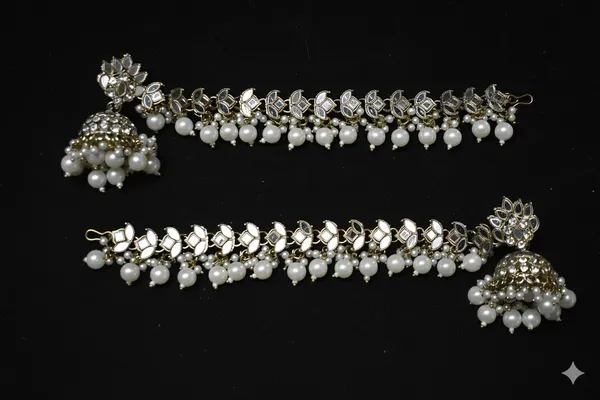 Silver_White_Alloy_Mirror_Pearl_Crown_Jhumkas_With_Hair_Chain_For_Women