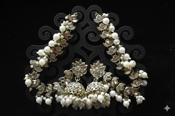 Silver_White_Alloy_Mirror_Pearl_Crown_Jhumkas_With_Hair_Chain_For_Women