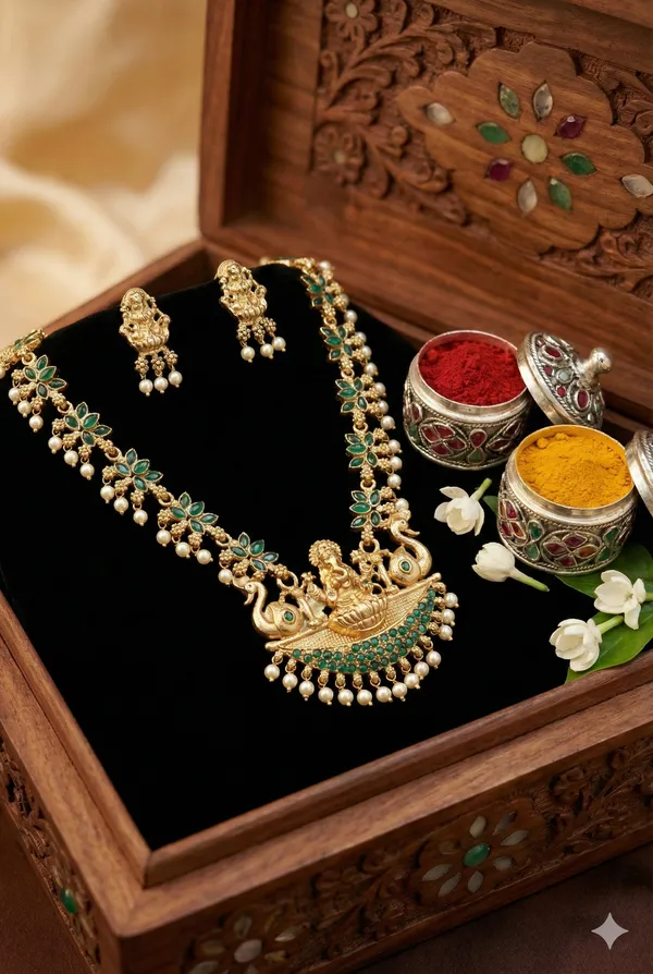 Green_Alloy_Goddess_Lakshmi_Peacock_Temple_Necklace_Set_For_Women