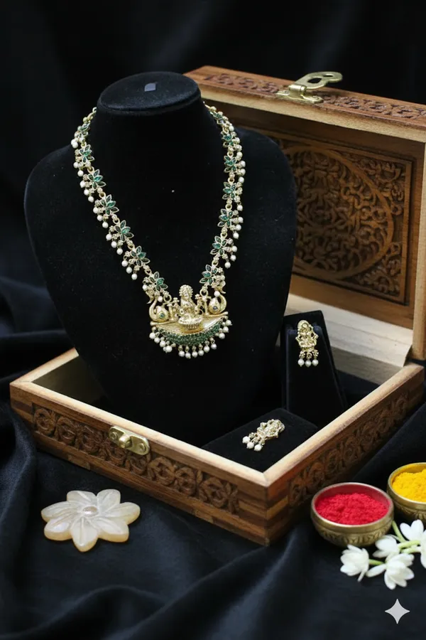 Green_Alloy_Goddess_Lakshmi_Peacock_Temple_Necklace_Set_For_Women