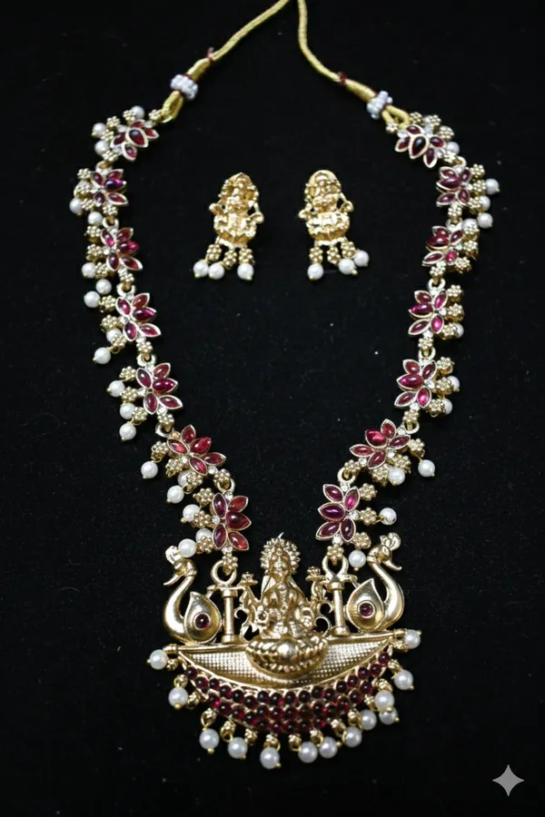 Red_Alloy_Goddess_Lakshmi_Peacock_Temple_Necklace_Set_For_Women