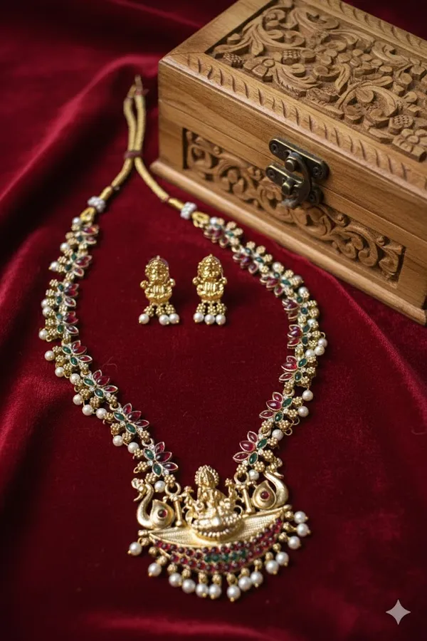 Red_And_Green_Alloy_Temple_Necklace_Set_For_Women