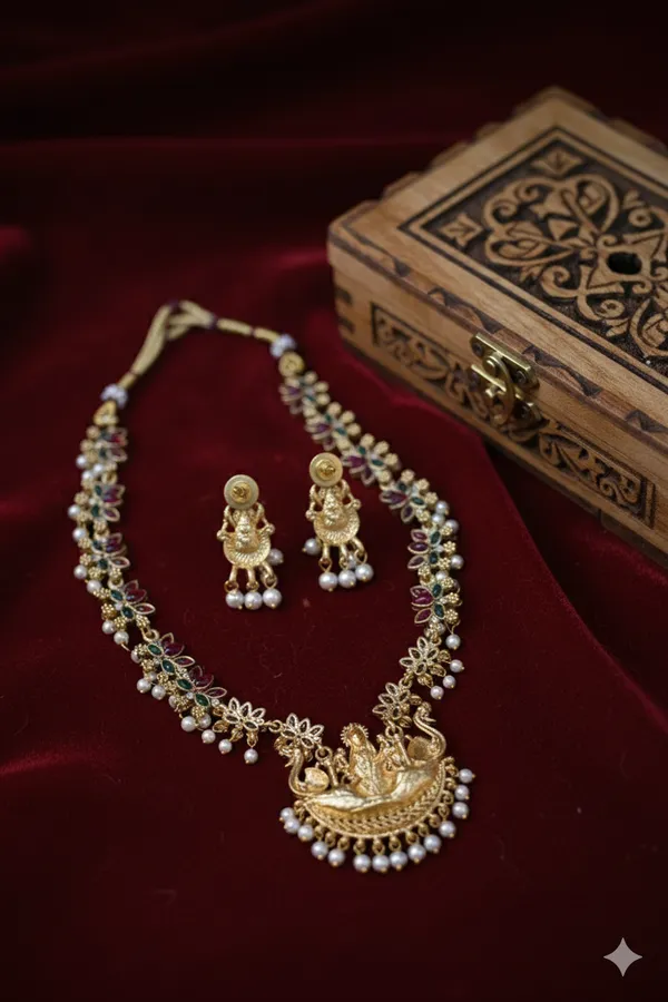 Red_And_Green_Alloy_Temple_Necklace_Set_For_Women