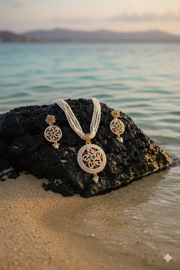 Red_And_Green_Alloy_Flower_Pearl_Mala_Set_For_Women