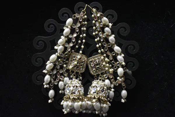 White_Alloy_Jhumkas_With_Hair_Chain_And_Mangtika_For_Women