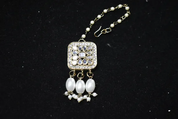 White_Alloy_Jhumkas_With_Hair_Chain_And_Mangtika_For_Women