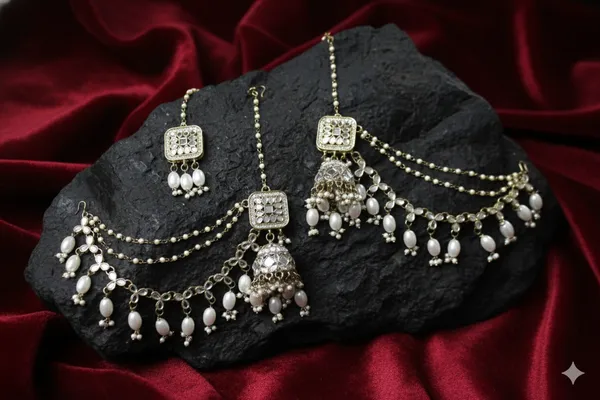 White_Alloy_Jhumkas_With_Hair_Chain_And_Mangtika_For_Women