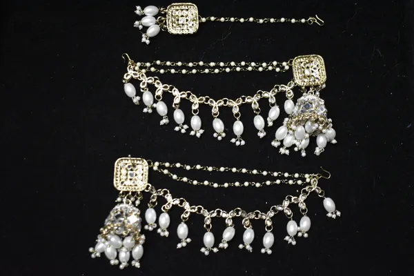 White_Alloy_Jhumkas_With_Hair_Chain_And_Mangtika_For_Women