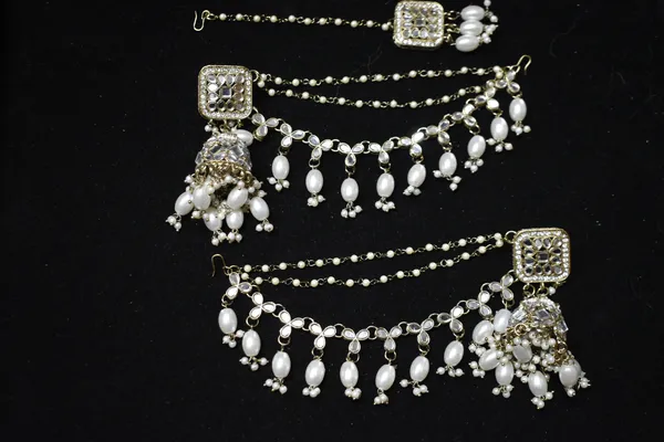 White_Alloy_Jhumkas_With_Hair_Chain_And_Mangtika_For_Women