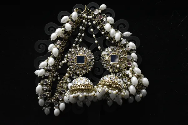 White_Alloy_Mirror_Jhumkas_With_Hair_Chain_And_Mangtika_For_Women