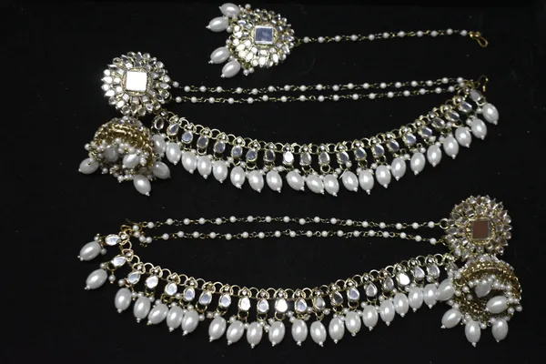 White_Alloy_Mirror_Jhumkas_With_Hair_Chain_And_Mangtika_For_Women