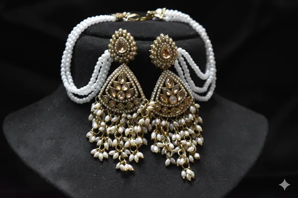 White_Alloy_Kundan_Beaded_Earrings_With_Hair_Chain_For_Women