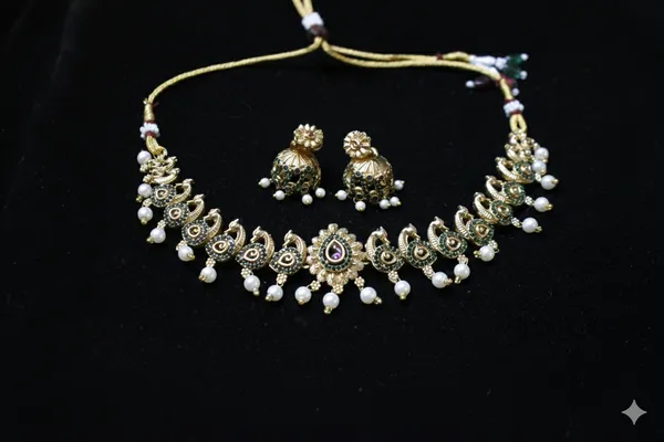 Red_And_Green_Alloy_Peacock_Choker_Set_For_Women