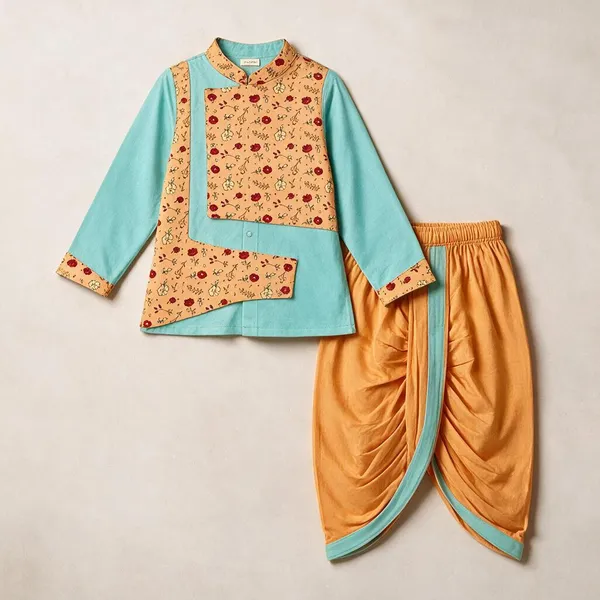 Mint_&_Peach_Cotton_Ethnic_Kurta_Set_For_Boys