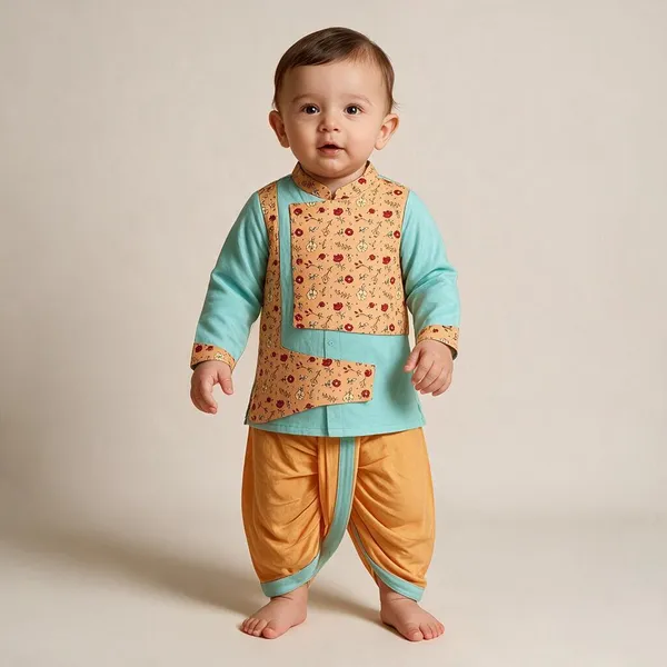 Mint_&_Peach_Cotton_Ethnic_Kurta_Set_For_Boys