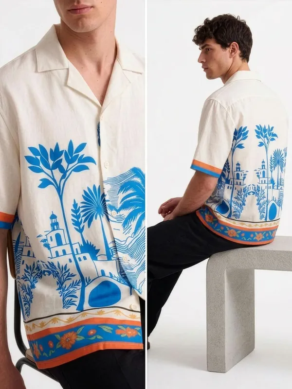 Cream_Blue_Printed_Architectural_Short_Sleeve_Shirt_For_Men