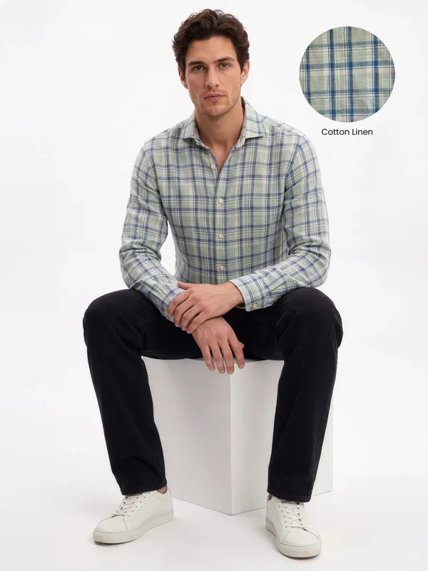 Green_And_Blue_Plaid_Cotton_Linen_Shirt_For_Men