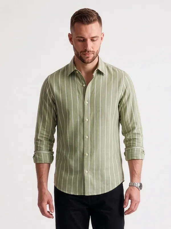 Green_Striped_Long_Sleeve_Casual_Shirt_For_Men