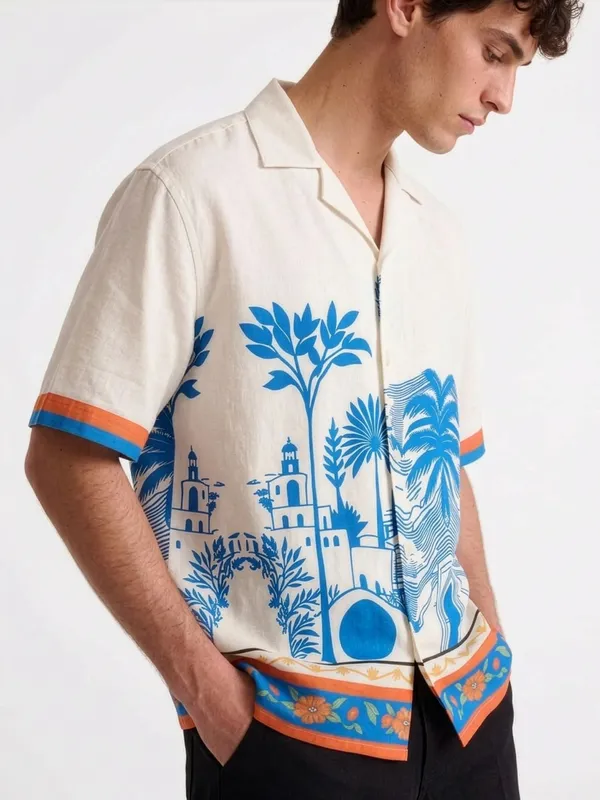 Cream_Blue_Printed_Architectural_Short_Sleeve_Shirt_For_Men