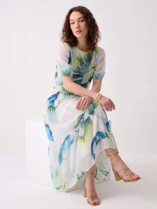White_Floral_Print_Puff_Sleeve_Midi_Dress_For_Women