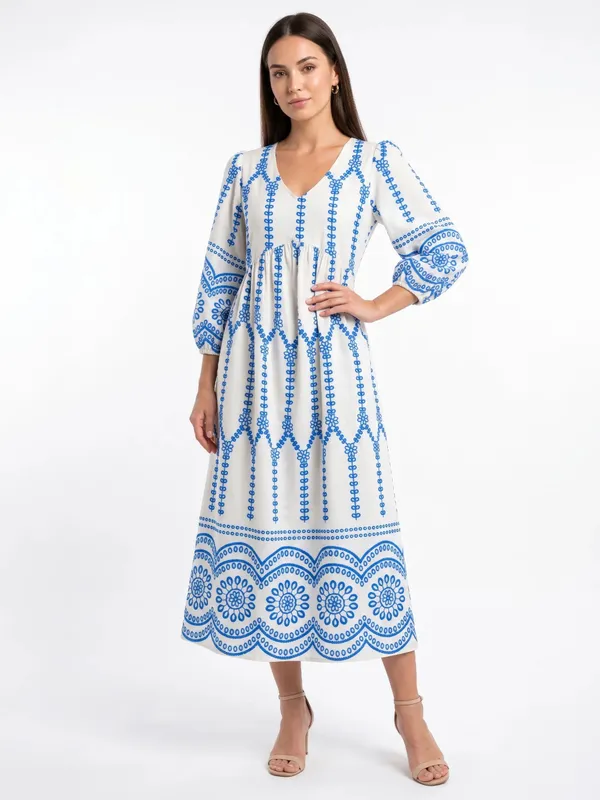 White_Blue_Embroidered_Midi_Dress_For_Women