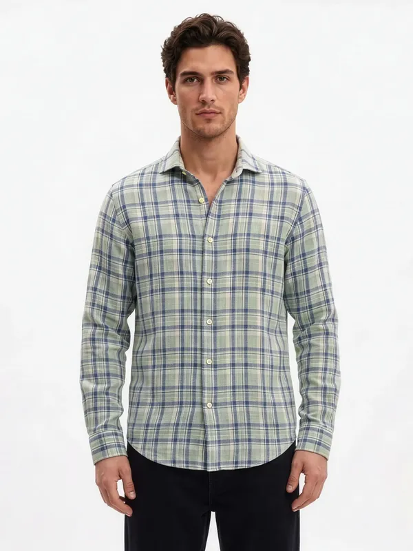 Green_And_Blue_Plaid_Cotton_Linen_Shirt_For_Men