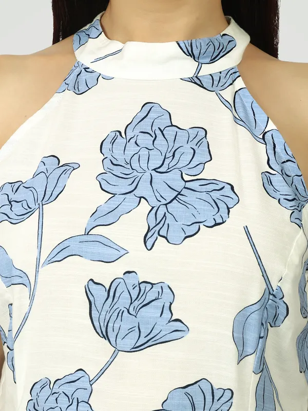 White_And_Blue_Botanical_Halter_Short_Kurti