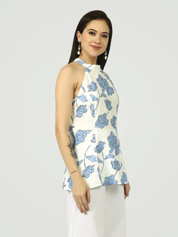 White_And_Blue_Botanical_Halter_Short_Kurti